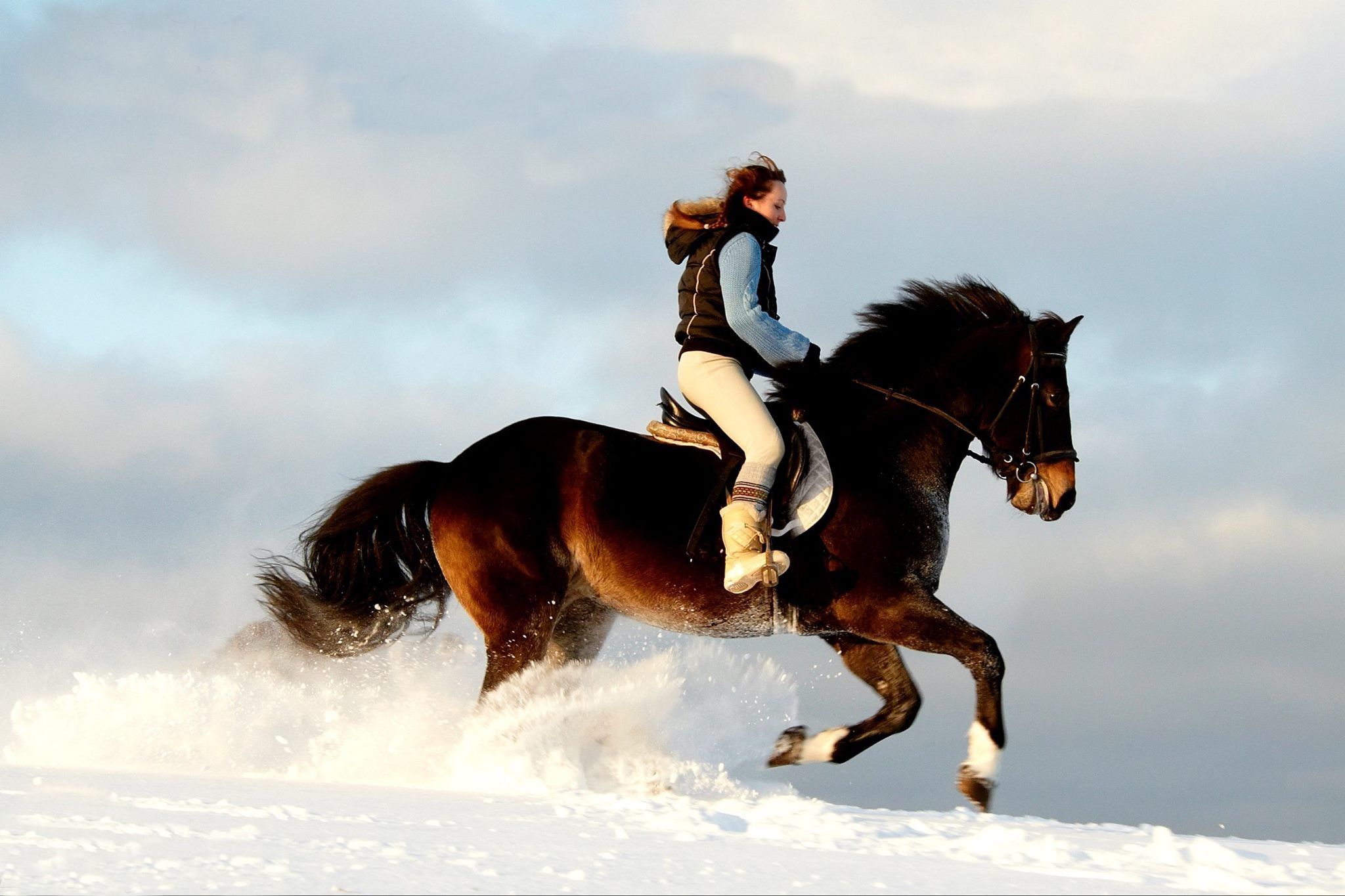 Horses: Winter Ride Snow Cowgirl Clouds Sky Horse Free Desktop ...