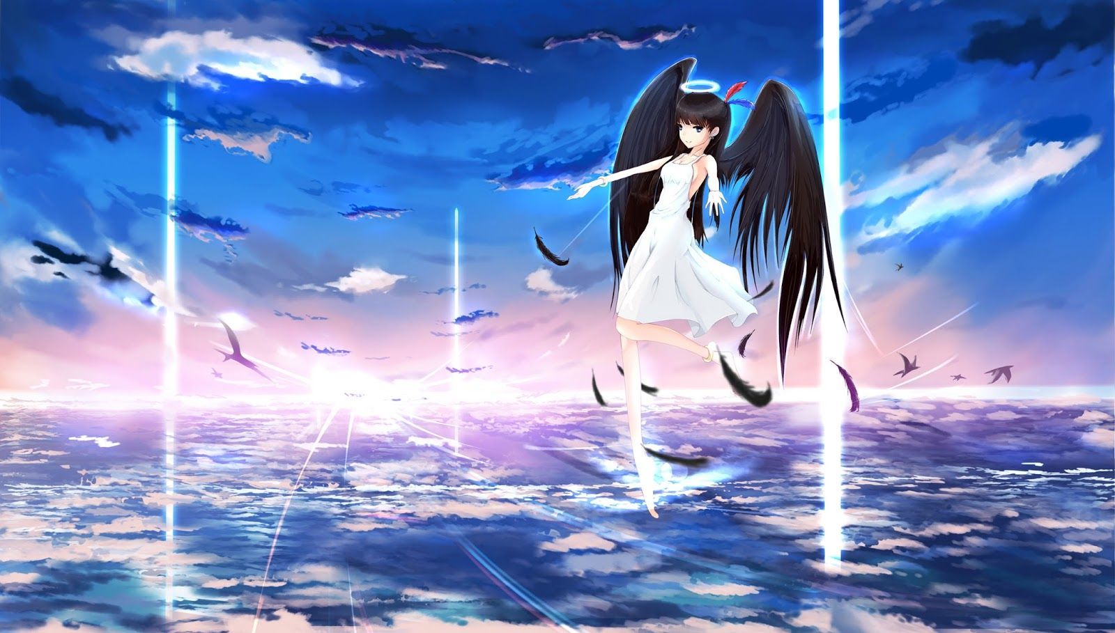 anime girl female clouds sea angel sky wings hd wallpaper desktop ...