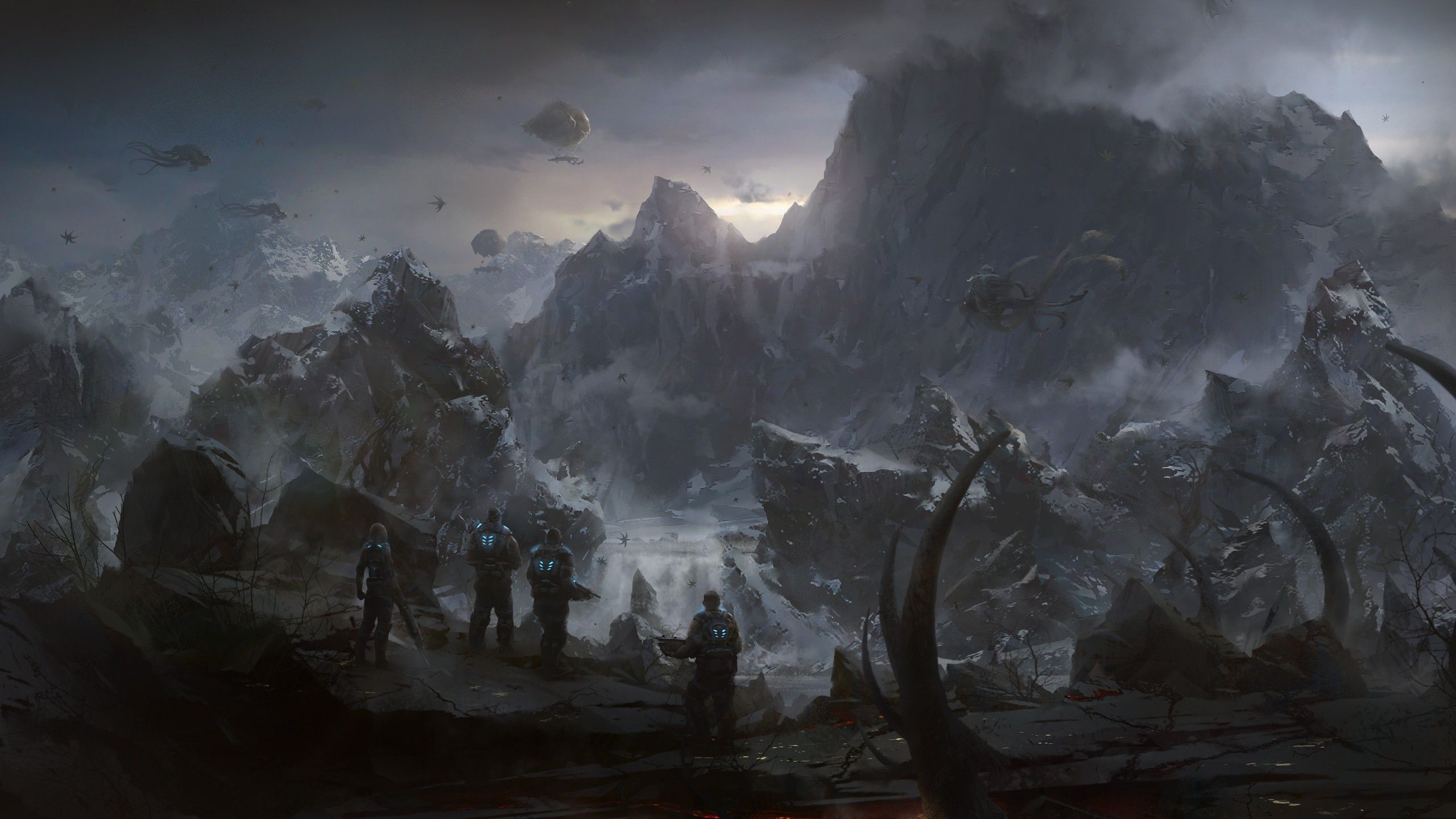 Download Wallpaper 2560x1440 Gears of war, Mountains, Soldiers
