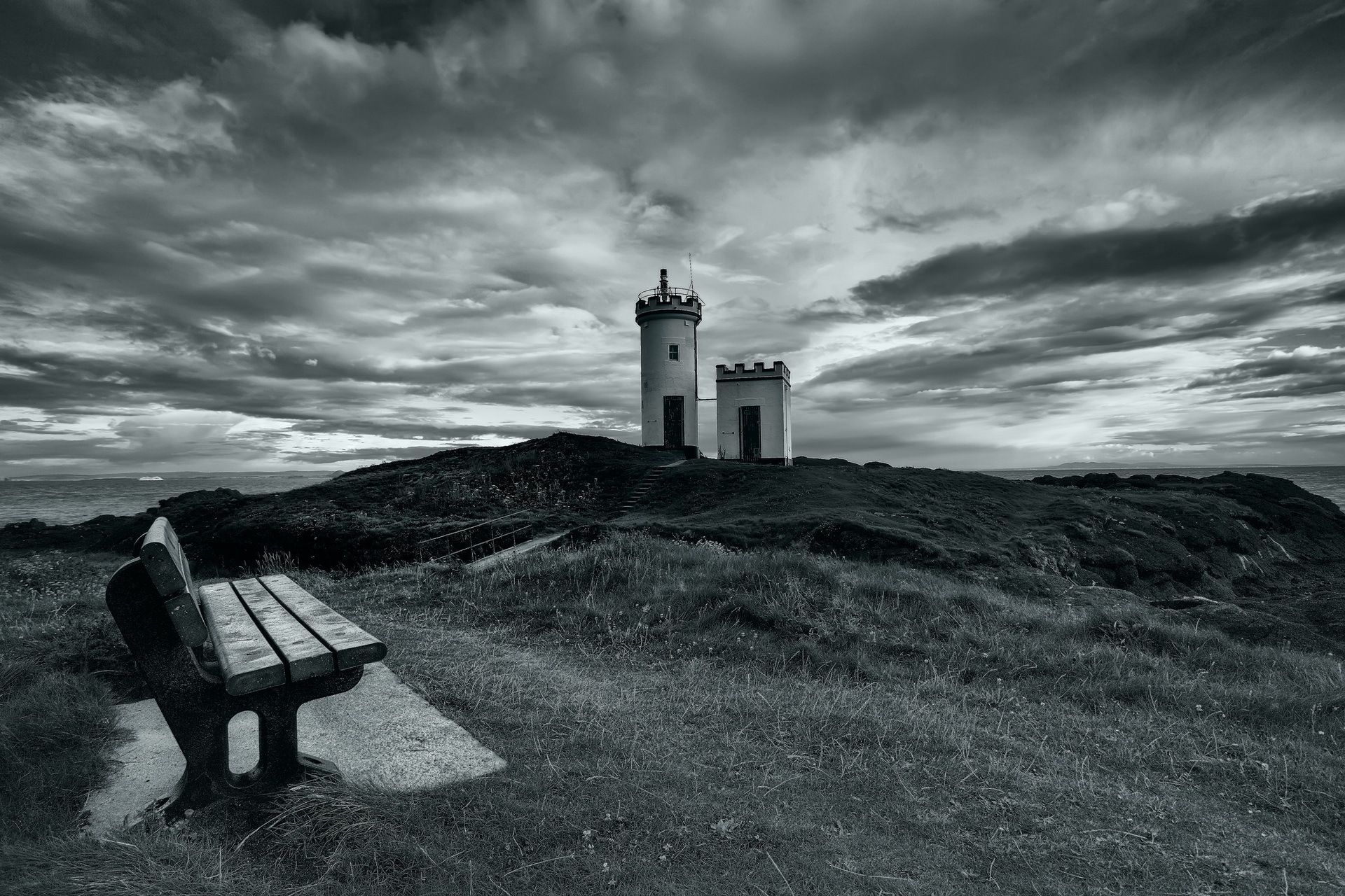 Lighthouse sea bench landscape sky clouds black white wallpaper ...