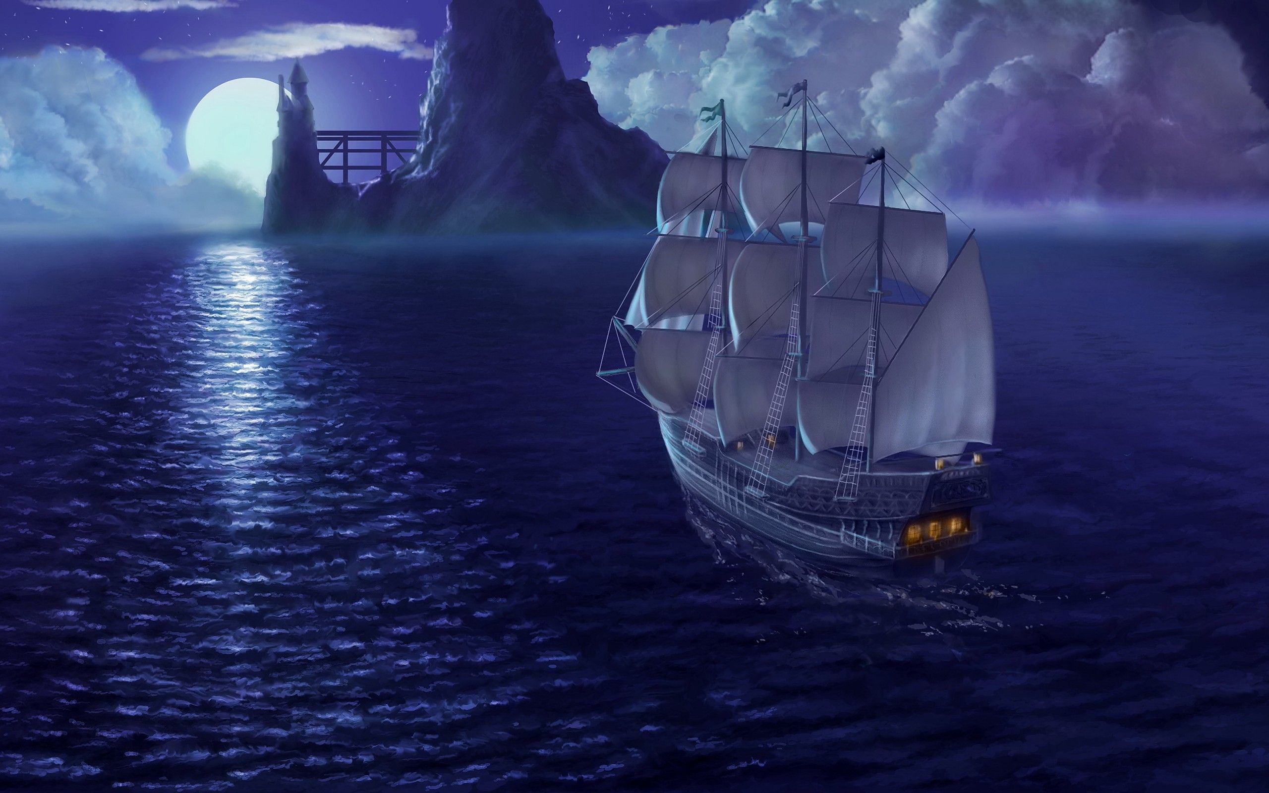 Rendering sea ship sail moon night sky ships fantasy ocean ...