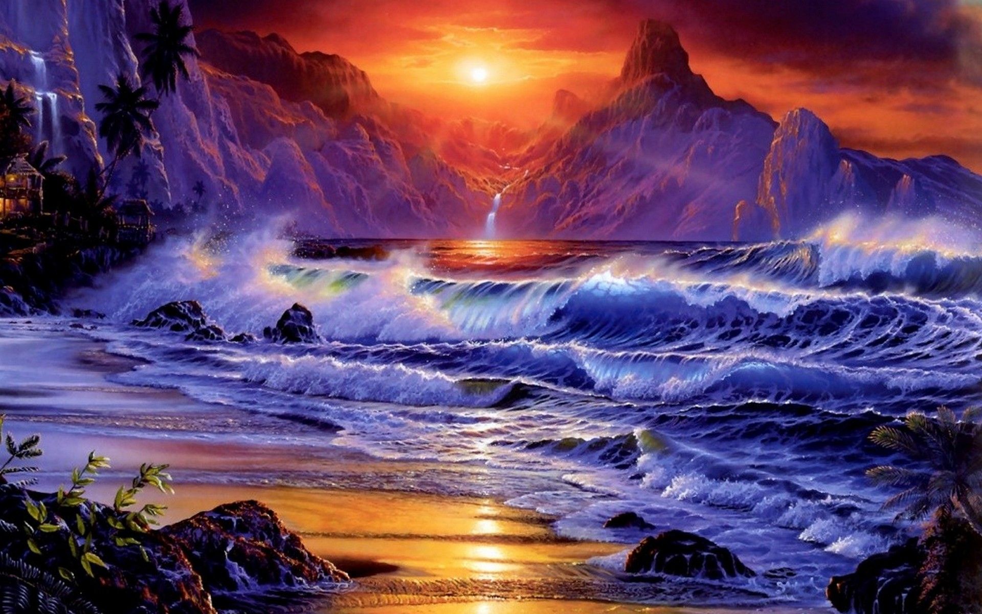 Sunset ocean waves fantasy art artwork wallpaper 1920x1200
