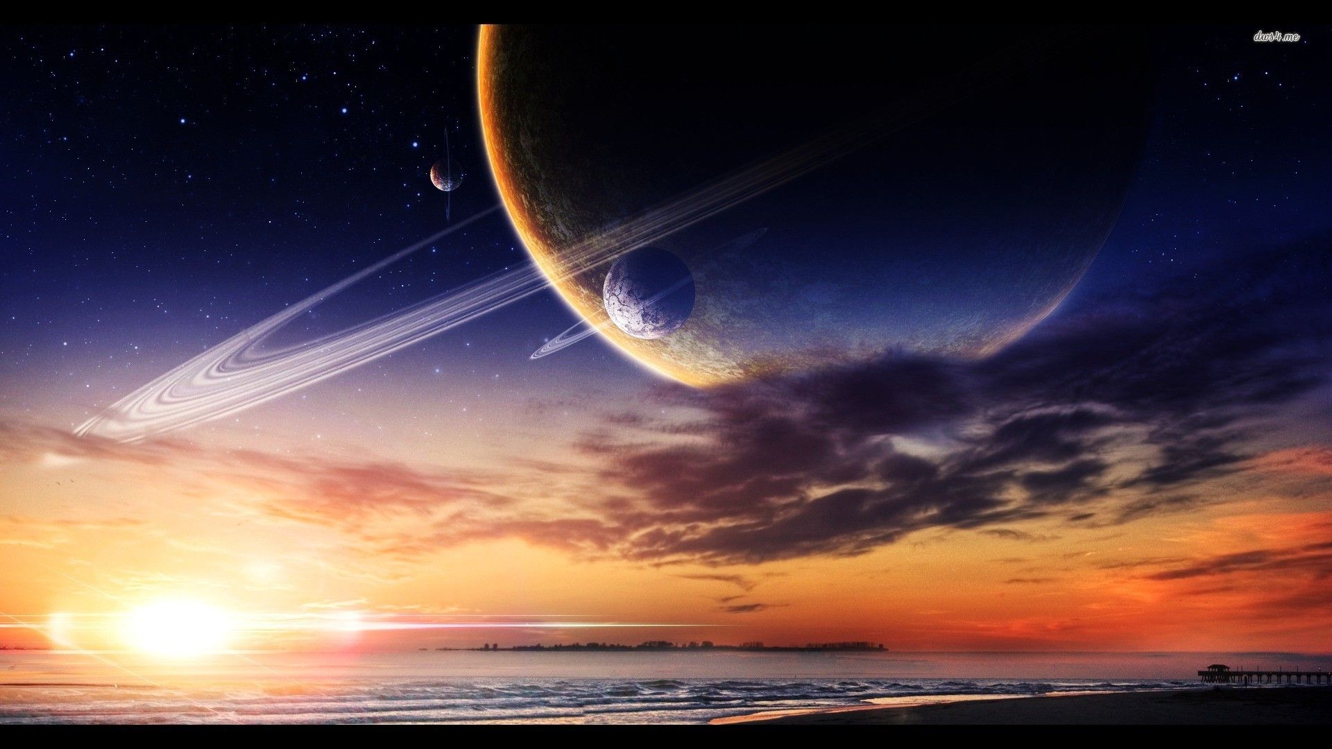 Planet site over the ocean, sunrise, sky, fantasy, 1920x1080 HD ...