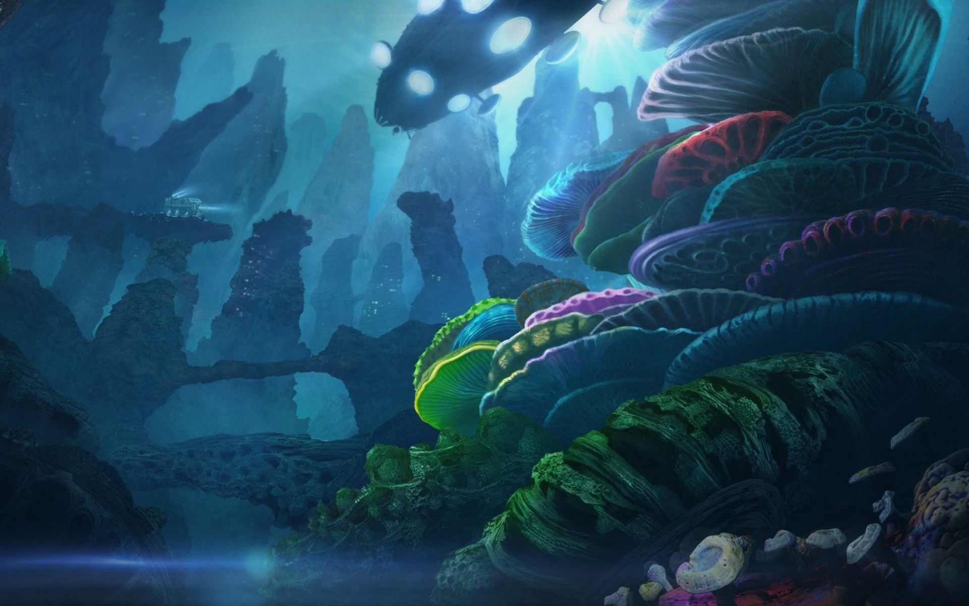 Art underwater ship transport reefs corals rocks light fantasy ...