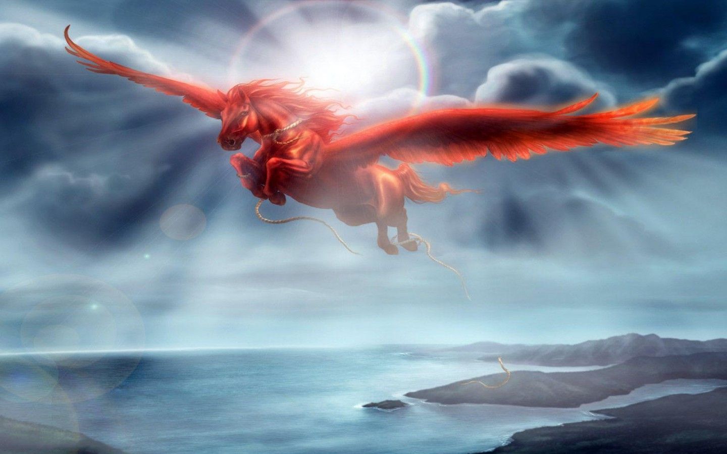 Fantasy Ocean Clouds Wings Red Horses Pegasus Wallpaper Hd ...