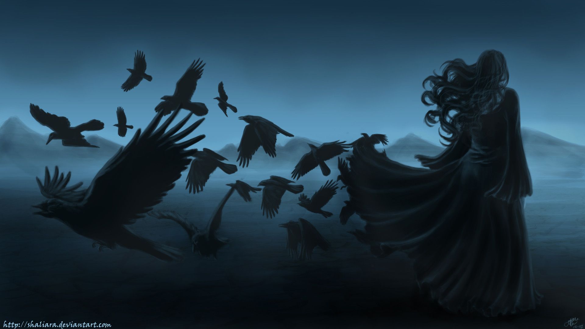 Dark horror gothic women raven poe birds art mood wallpaper ...