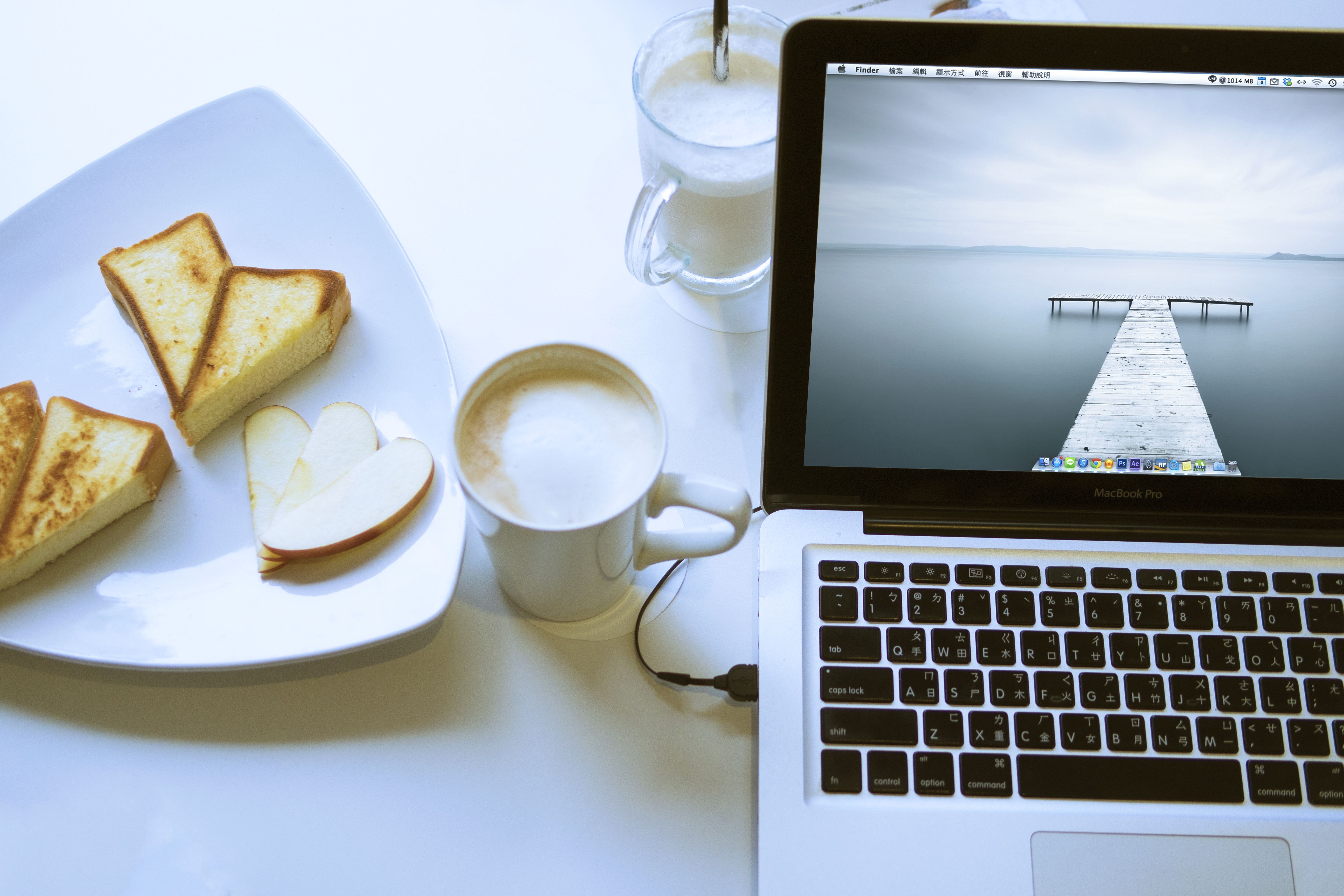 hi-tech, macbook pro, cup, food, milk, cakes, background