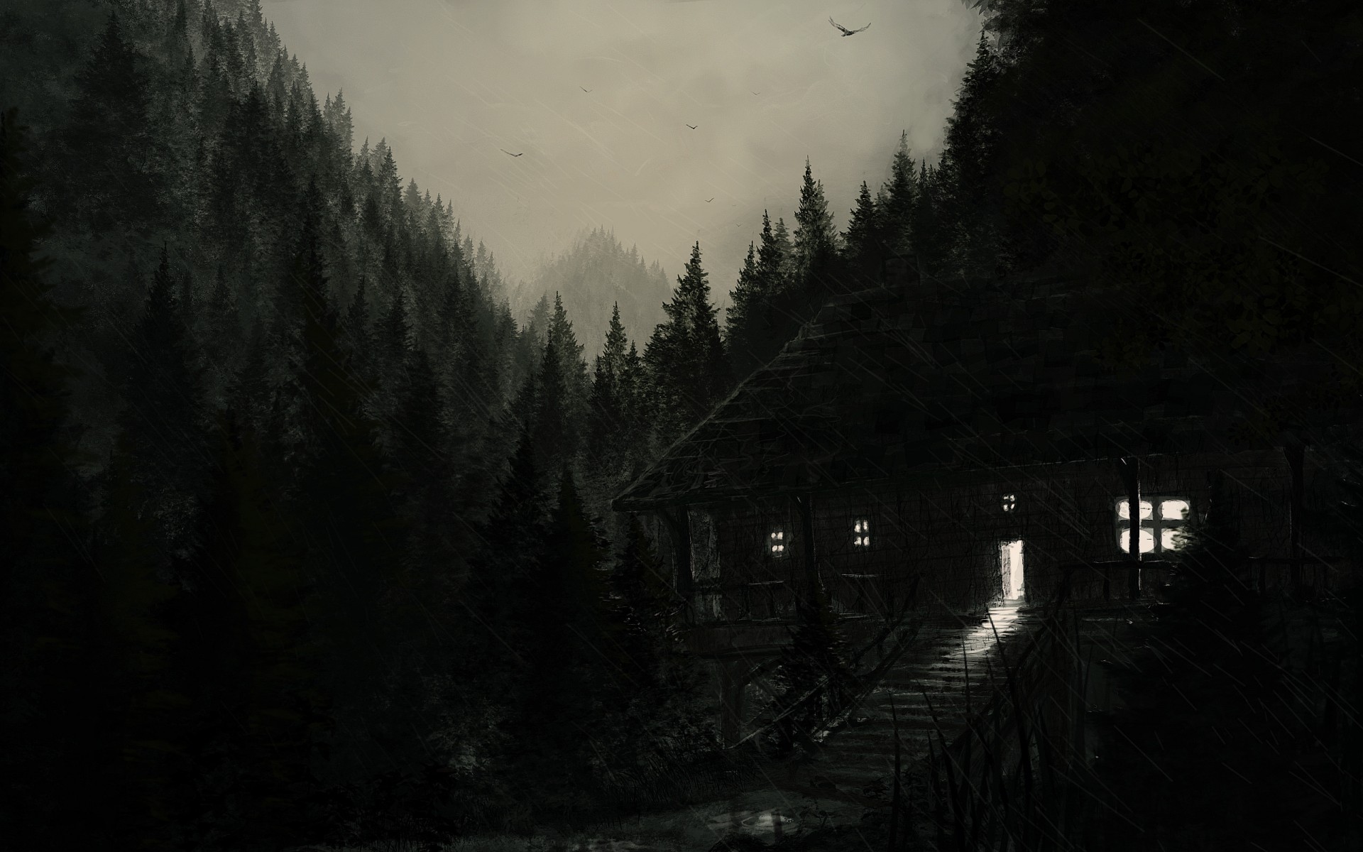 Dark spooky creepy cabin houses architecture buildings trees ...