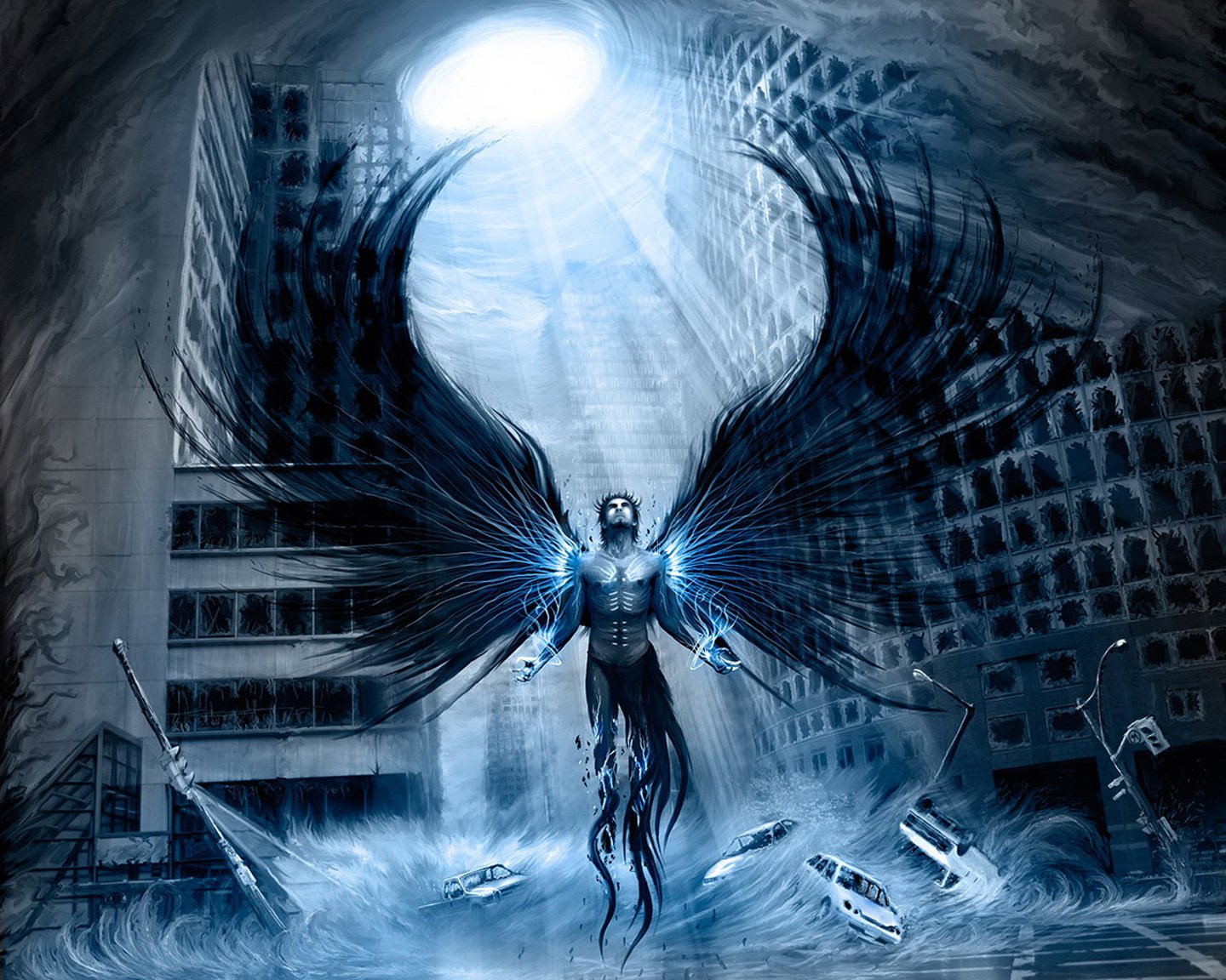 Dark blue demon angel city car fantasy chaos wallpaper | 1440x1152 ...